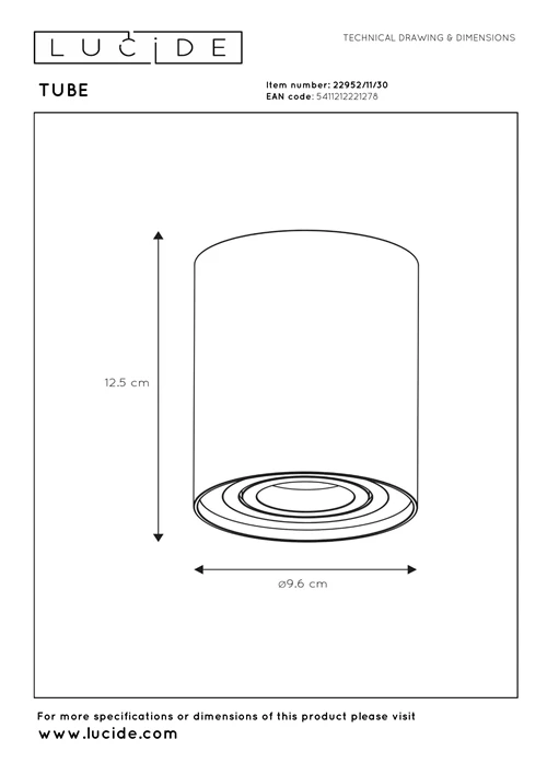 Lucide TUBE - Foco de techo - Ø 9,6 cm - 1xGU10 - Negro - técnico